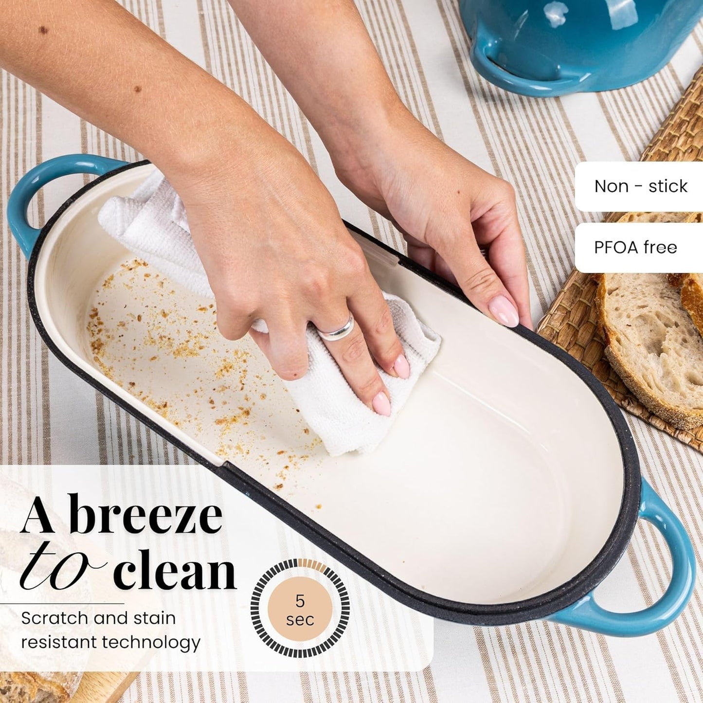 Enamelled Cast Iron Bread Loaf Pot – Dutch Oven For Sourdough Bread Baking – Oven Safe Non Stick Bread Pot – Rectangular, Light Blue, 34cm x 16cm – by Nuovva