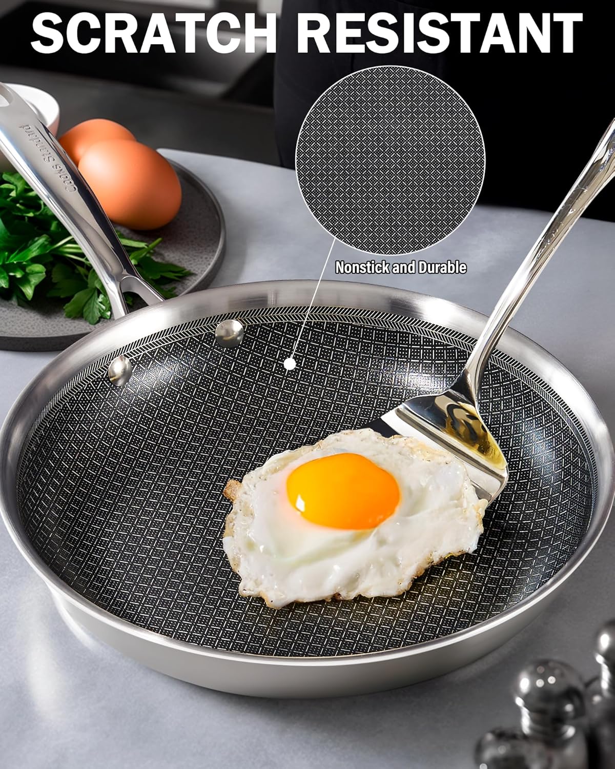Cooks Standard Hybrid Nonstick Frying Pan, 8-Inch Skillet, Multi-Ply Clad Stainless Steel Fry Pan with Tempered Glass Lids, Oven Safe, Compatible with All Stovetops