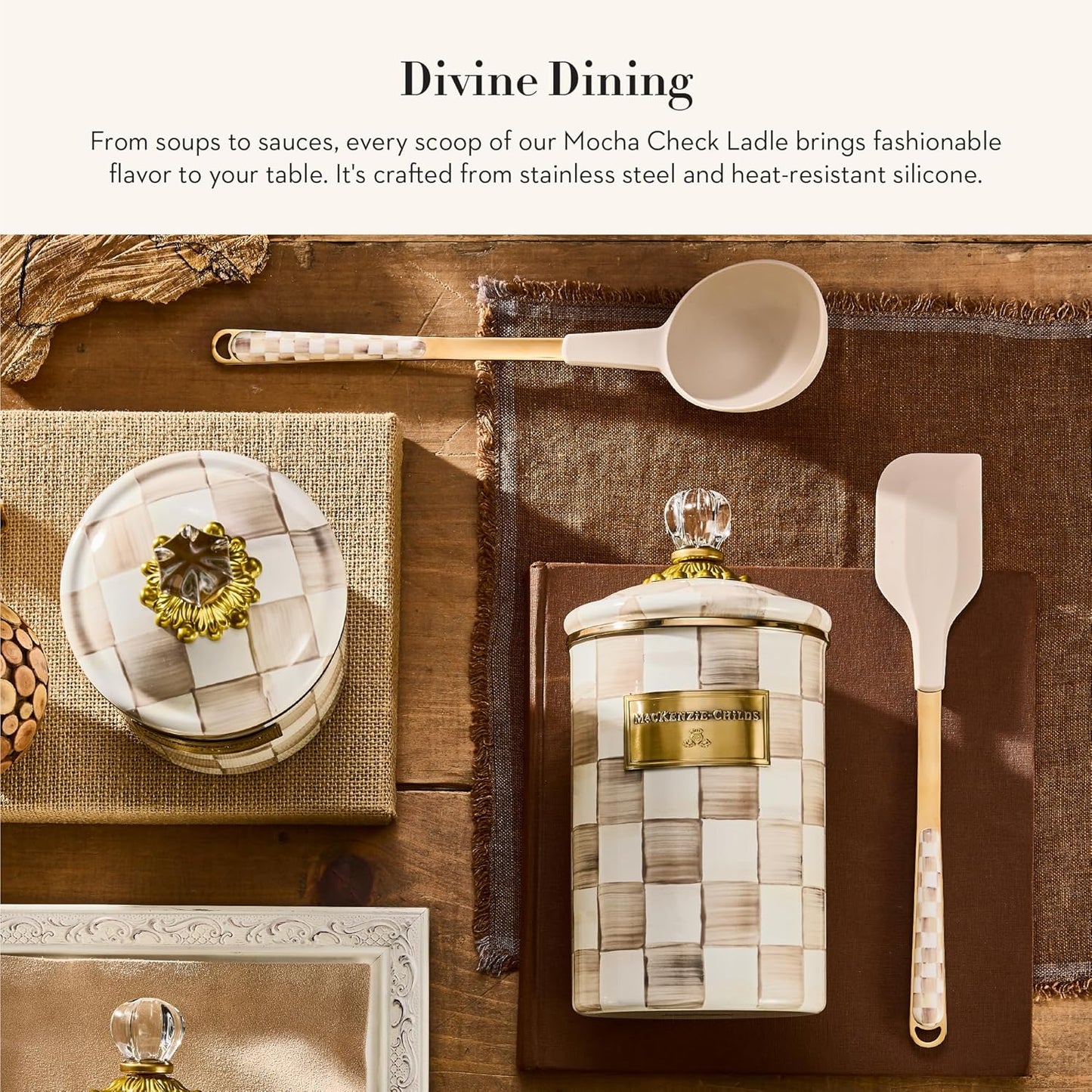 MACKENZIE-CHILDS Kitchen Ladle, Silicone Ladle Spoon for Cooking, Brown-and-White Mocha Check