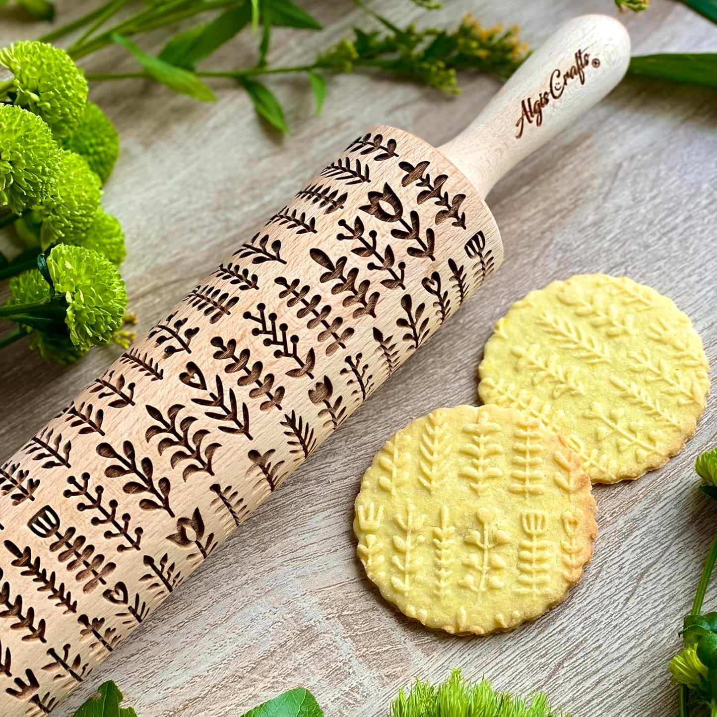 Embossed rolling pin HERBS. Leafy green and flowering plants on embossed dough roller
