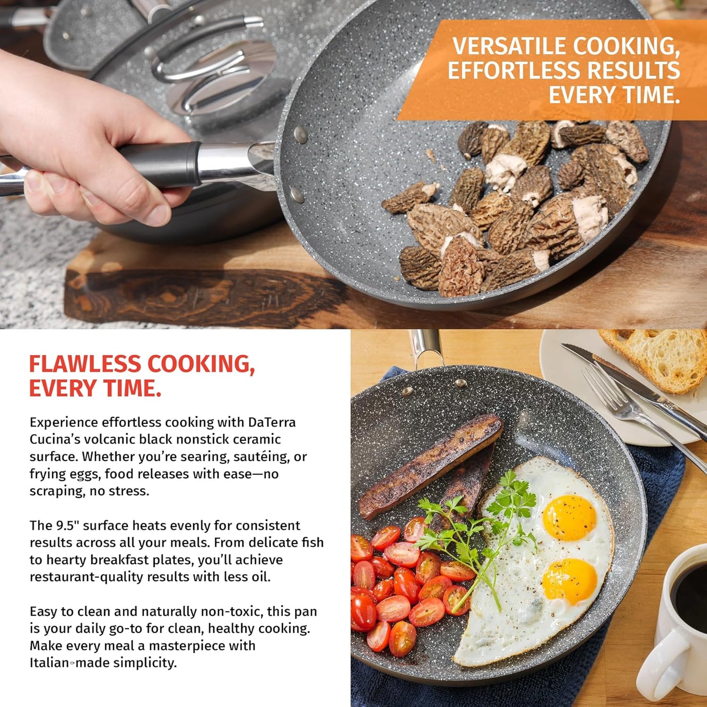 DaTerra Cucina - 9.5" Nonstick Ceramic Frying Pan - Made in Italy - Oven & Induction Safe - High Heat Resistant Nonstick Cookware - Dishwasher Safe - Volcanic Black Speckled