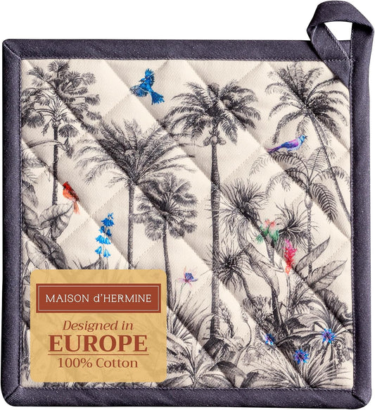 Maison d' Hermine Pot Holders 100% Cotton Heat Resistant Potholders 8" x 8" Hot Pads with Loop BBQ, Cooking, Baking, Grilling, Kitchen, Handling Hot Pans (Pack of 1, Amazonia)