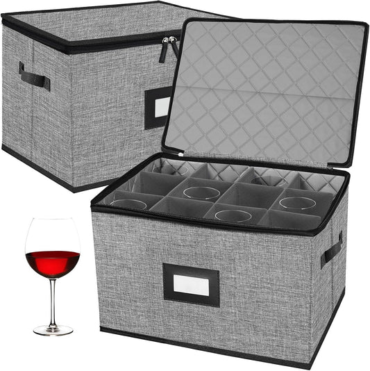 2PACK Quilted Wine Glass Storage Box,China Storage Containers hard shell,Moving Boxes,Storage Containers for Organizing,Stackable Stemware Storage Cases,Moving Supplies