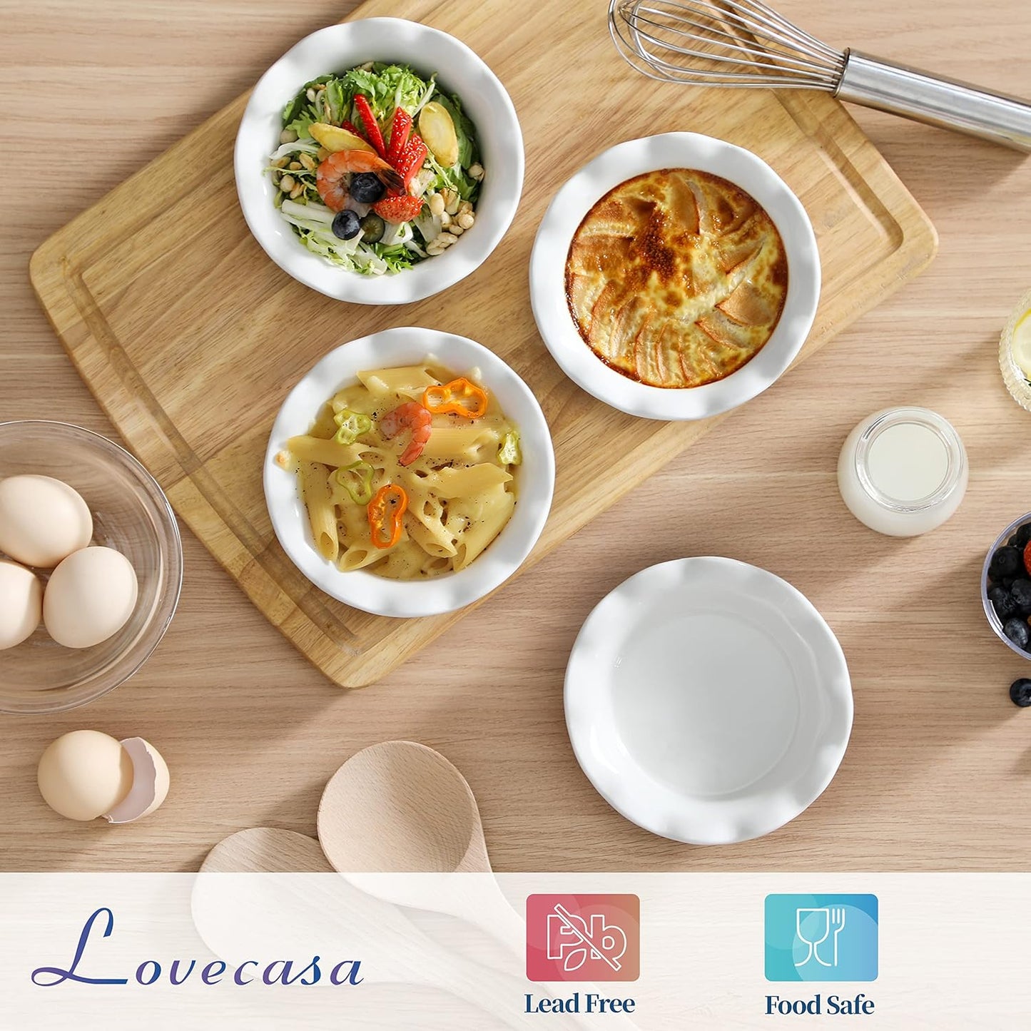 LOVECASA Ceramic Mini Pie Pans Set of 6-5.5 Inch Oven Safe Small Pie Dishes, Nonstick Mini Pot Pie Baking Tins for Chicken Pot Pie, Tarts, Quiches & Desserts, Stackable Ruffled Rims, White