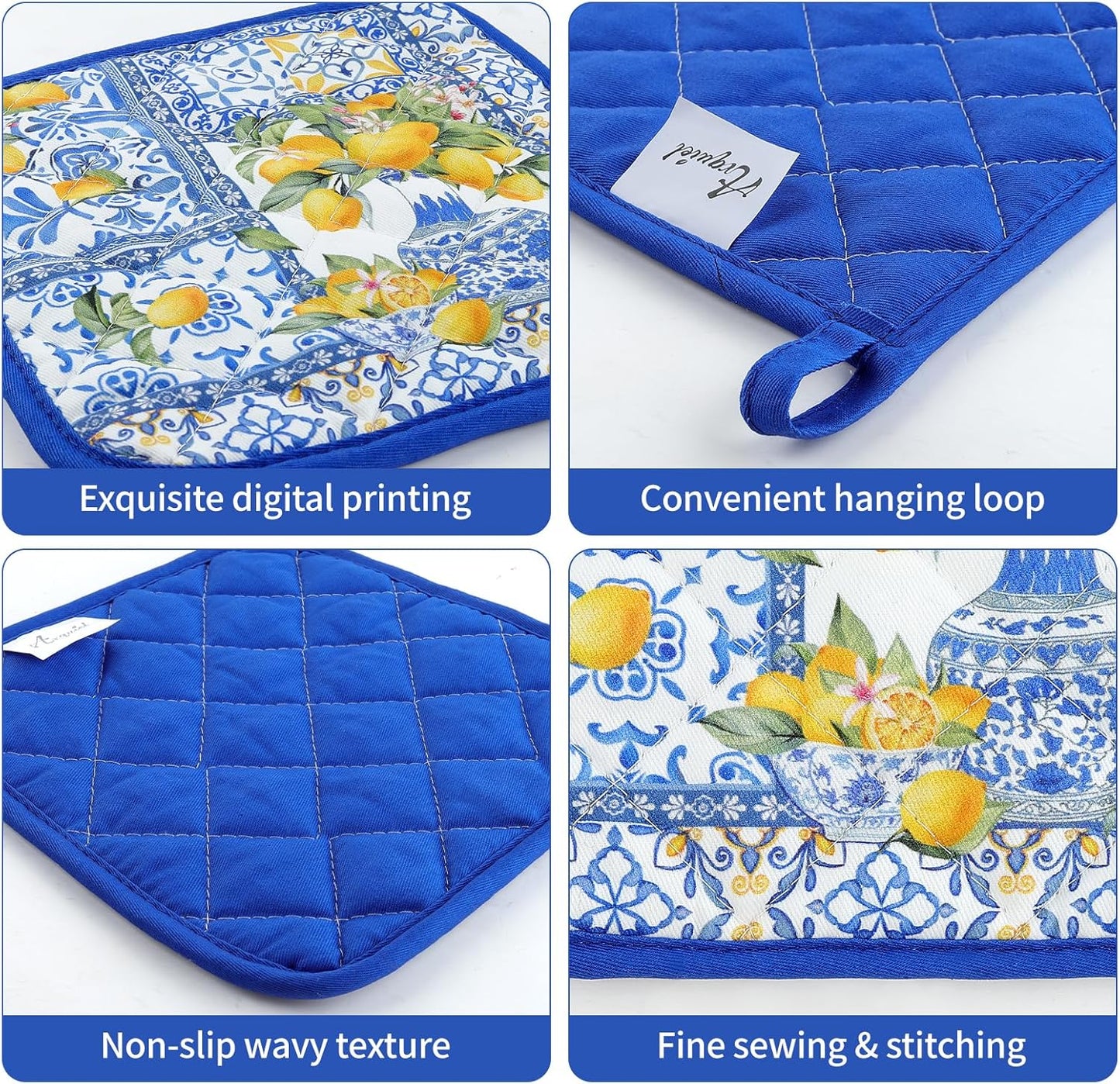 Yellow Lemon Oven Mitts and Pot Holders Sets 2Pcs, 100% Cotton Heat Resistant, Extra Long Oven Gloves Potholder for Kitchen Cooking Baking Decoration