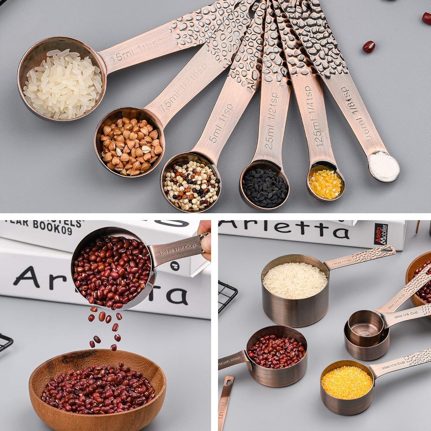 Copper Measuring Cups and Spoons - 6 Plated Cups, 7 Metal Spoons, 1 Leveler - Dry Measure Set