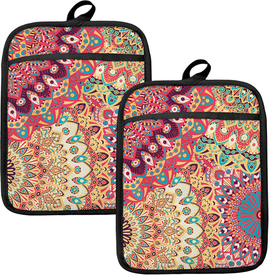 Colorful Abstract Mandala Floral Pot Holders for Kitchen, Boho Vibrant Ethnic Flower Botanical Heat Resistant Hot Pads and Oven Mitts for Baking Cooking