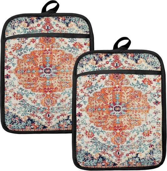 Rustic Vintage Boho Pot Holders for Kitchen, Abstract Orange Blue Boho Ethnic Floral Botanical Heat Resistant Hot Pads and Oven Mitts for Baking Cooking
