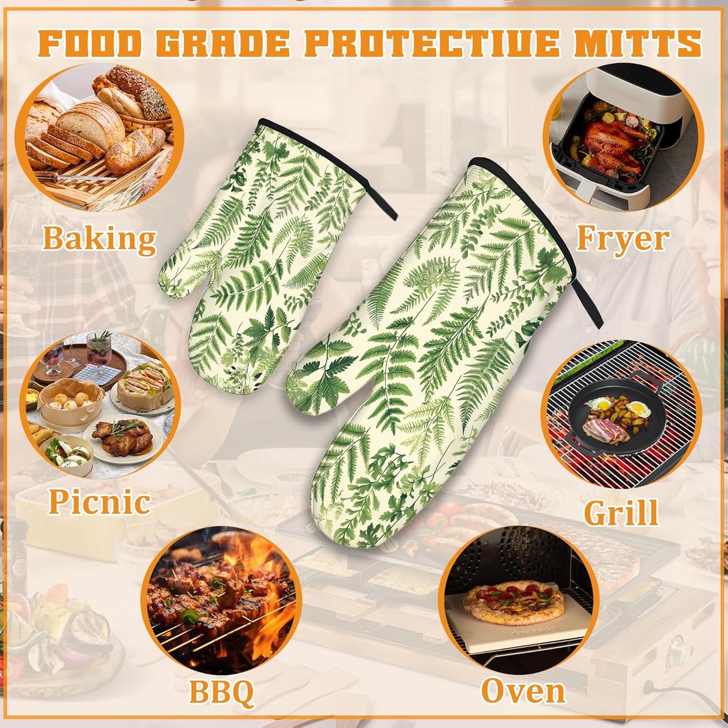 Fern Herbs Oven Mitts and Pot Holders Set,Botanical Floral Leaf Kitchen Decor Heat Resistant Non Slip Hot Pads and Oven Mitt for Chef Cooking Baking BBQ Mom Girl Gifts(4 Piece Set)