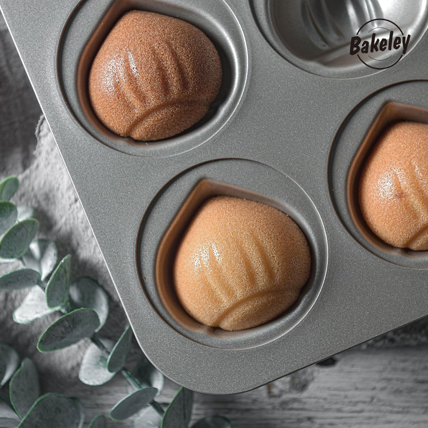 Muffin Cake Pan, Non-Stick 12-Cavity Chestnut-Shaped Bakeware for Oven Baking (Champagne Gold)