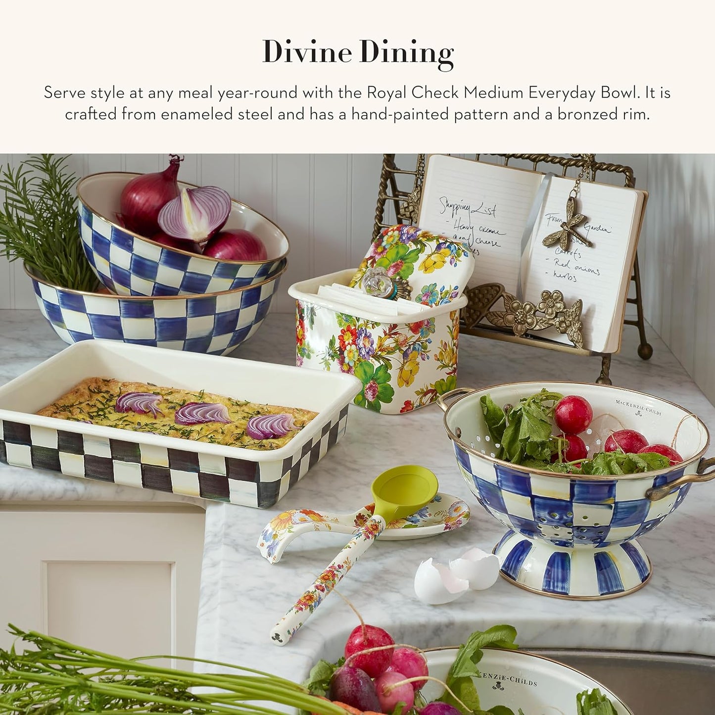 MACKENZIE-CHILDS Enamel Everyday Bowl, Serving Bowl for Entertaining, Medium, Blue-and-White Royal Check, Set of 1