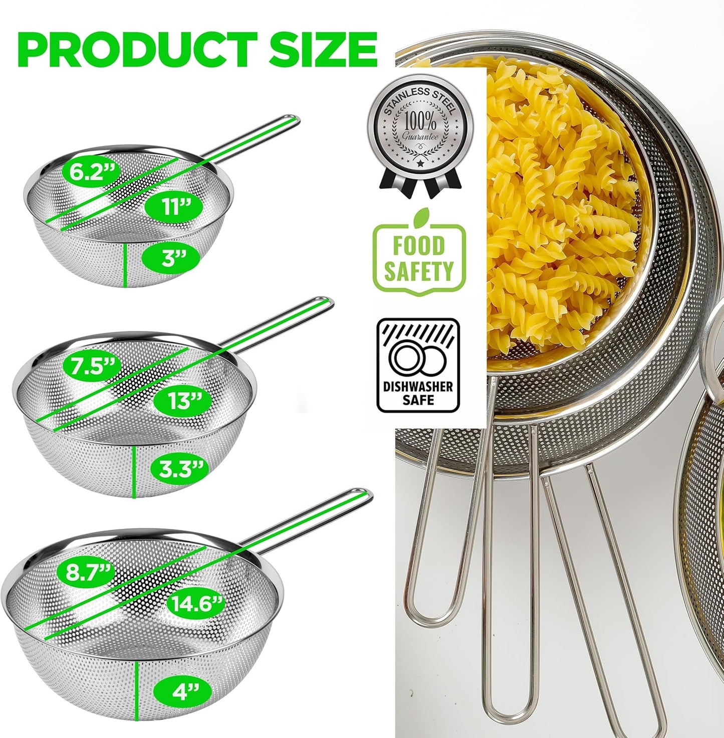 Premium 18/8 304 Stainless Steel Strainer Set of 3 with Long Handle, Micro-Perforated Colanders 1.5-2.5-4 Quart Set, Self-Draining Solid Base for Pasta, Fruits, Vegetables, Made in Korea