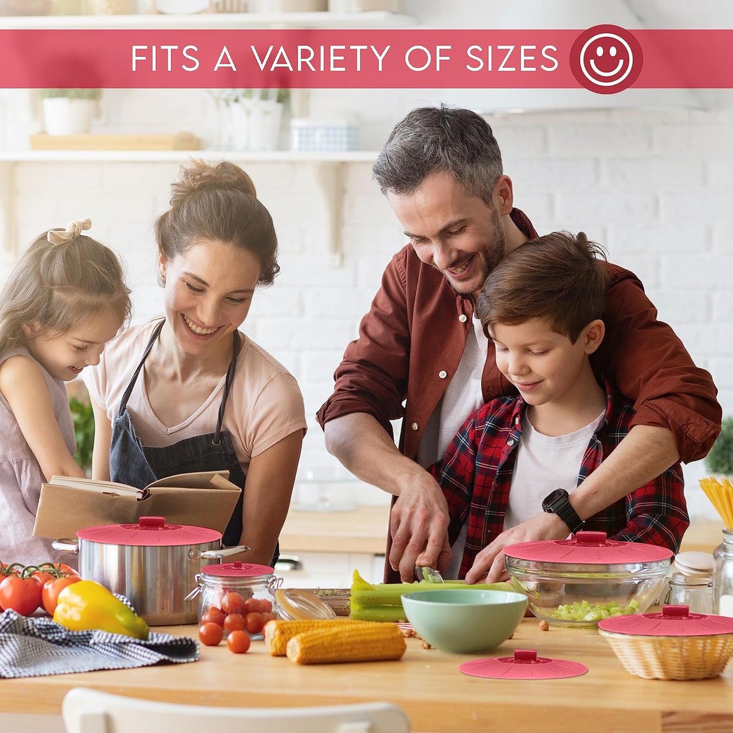 Silicone Bowl Lids Red, Set of 5 Reusable Suction Seal Covers for Bowls, Pots, Cups. Food Safe Natural grip, interlocking handles for easy use and storage.