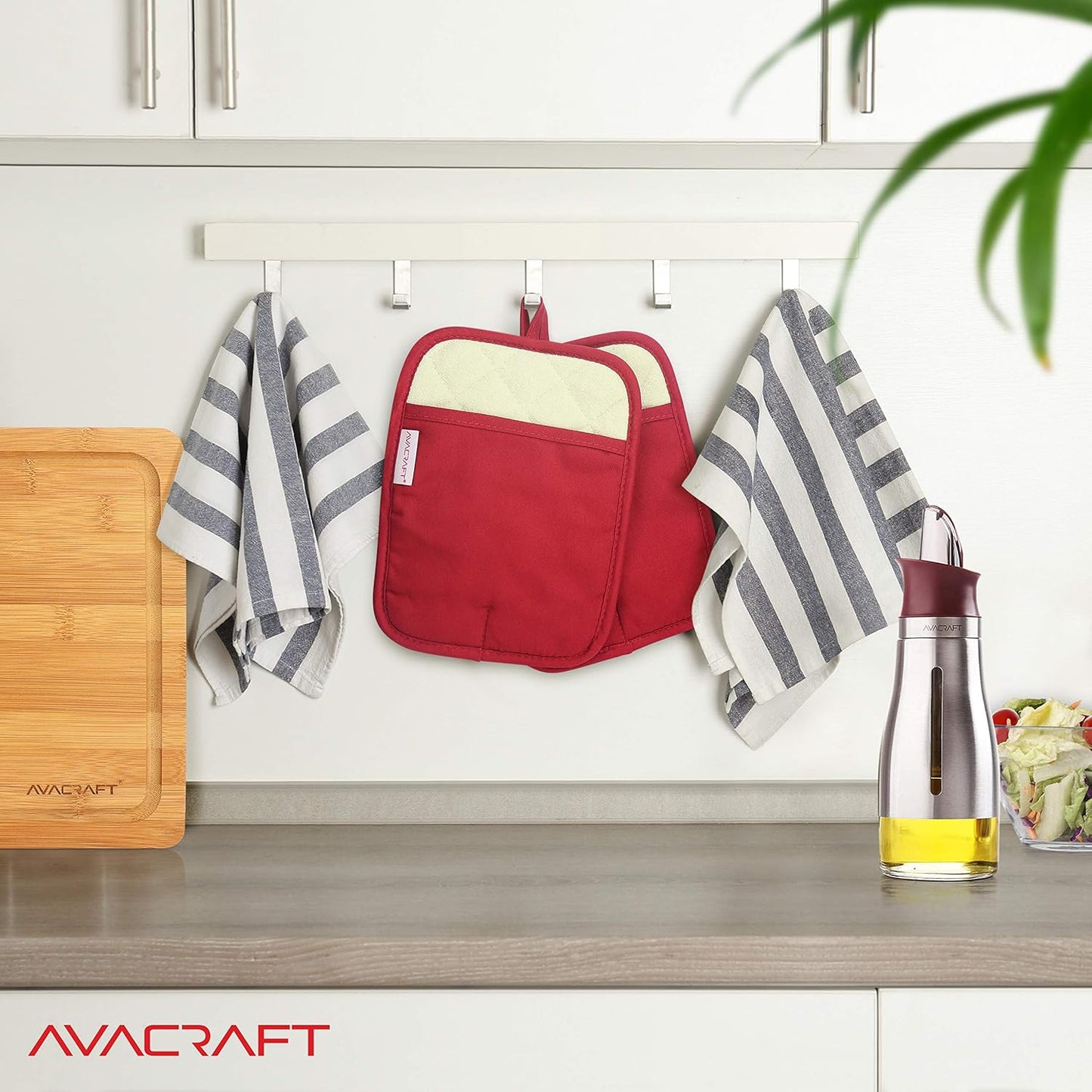 AVACRAFT Red Pot Holders Set, Flexible, 100% Cotton with Non-Slip Heat Resistant Silicone Design, Thick Terry Cloth Interior, Hot Pads, 500 F Heat Resistant Kitchen Mitts (Red Pot Holder)