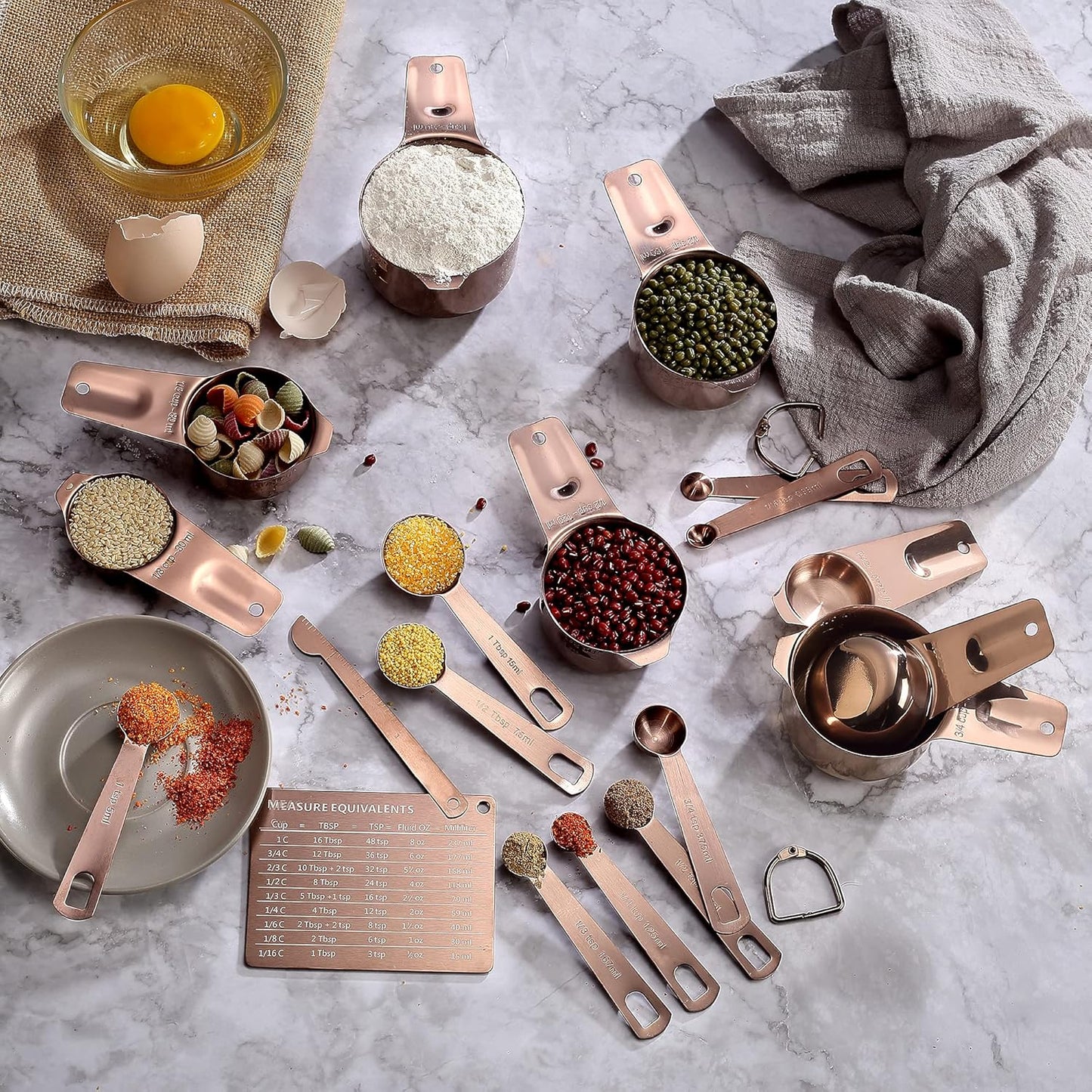 Copper Measuring Cups and Spoons Set (19PCS Set - Antique Copper Plated), 8 Measuring Cups, 9 Measuring Spoons, 1 Leveler and 1 Magnetic Measurement Chart, Stackable for Easy Storage with Gift Box