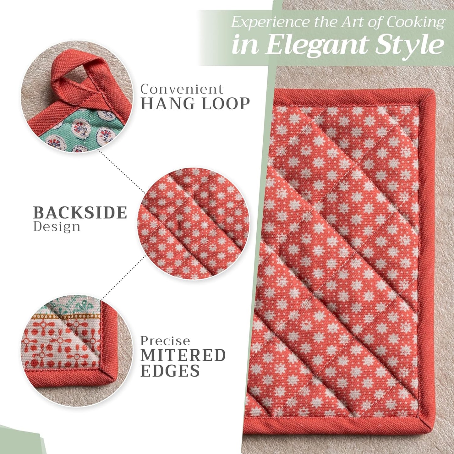 Maison d' Hermine 100% Cotton Oven Mitt & Pot Holder Set (7.5"x13" & 8"x8") Heat Resistant BBQ Cooking Gloves with Loop, Baking, Grilling, Kitchen, Handling Hot Pans Spring/Summer (Provence)