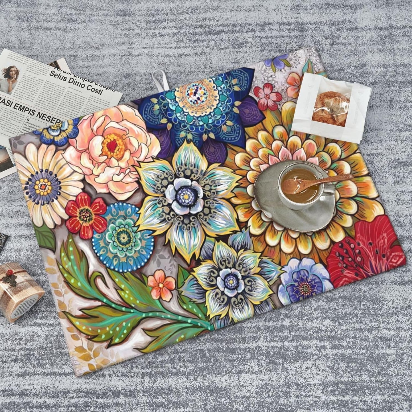 Floral Dish Drying Mat 18x24 for Kitchen Counter, Boho Coloful Flowers Decorative Absorbent Coffee Mat Dish Drying Pad Coffee Bar Dish Drainer Rack Mat Drainer Mat