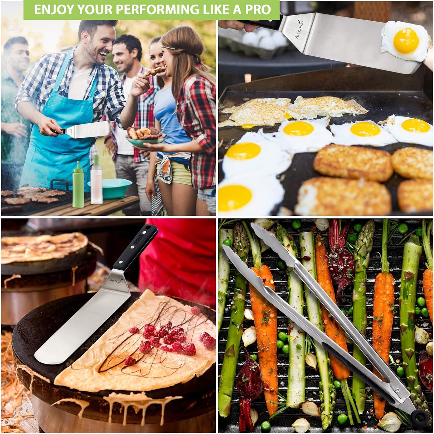 Anmarko Metal Spatula Set Stainless Steel and Scraper - Professional Chef Griddle Spatulas Set of 6 - Heavy Duty Accessories Great for Cast Iron BBQ Flat Top Grill