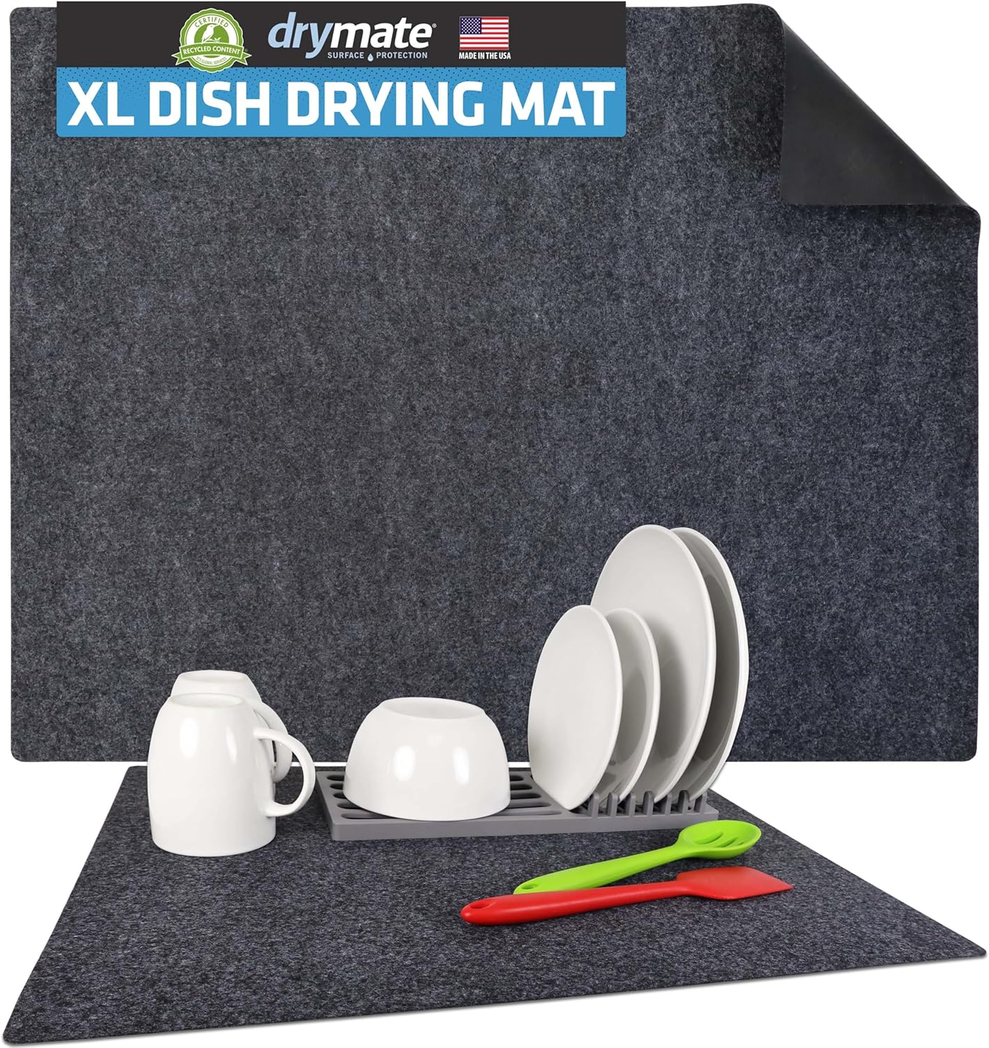Drymate XL Dish Drying Mat, Oversized (19”x24”), Low-Profile, Super Absorbent, Quick Dry Fabric, Waterproof & Slip-Resistant, for Kitchen Counter, Trimmable, Easy to Clean (USA Made)(Charcoal)