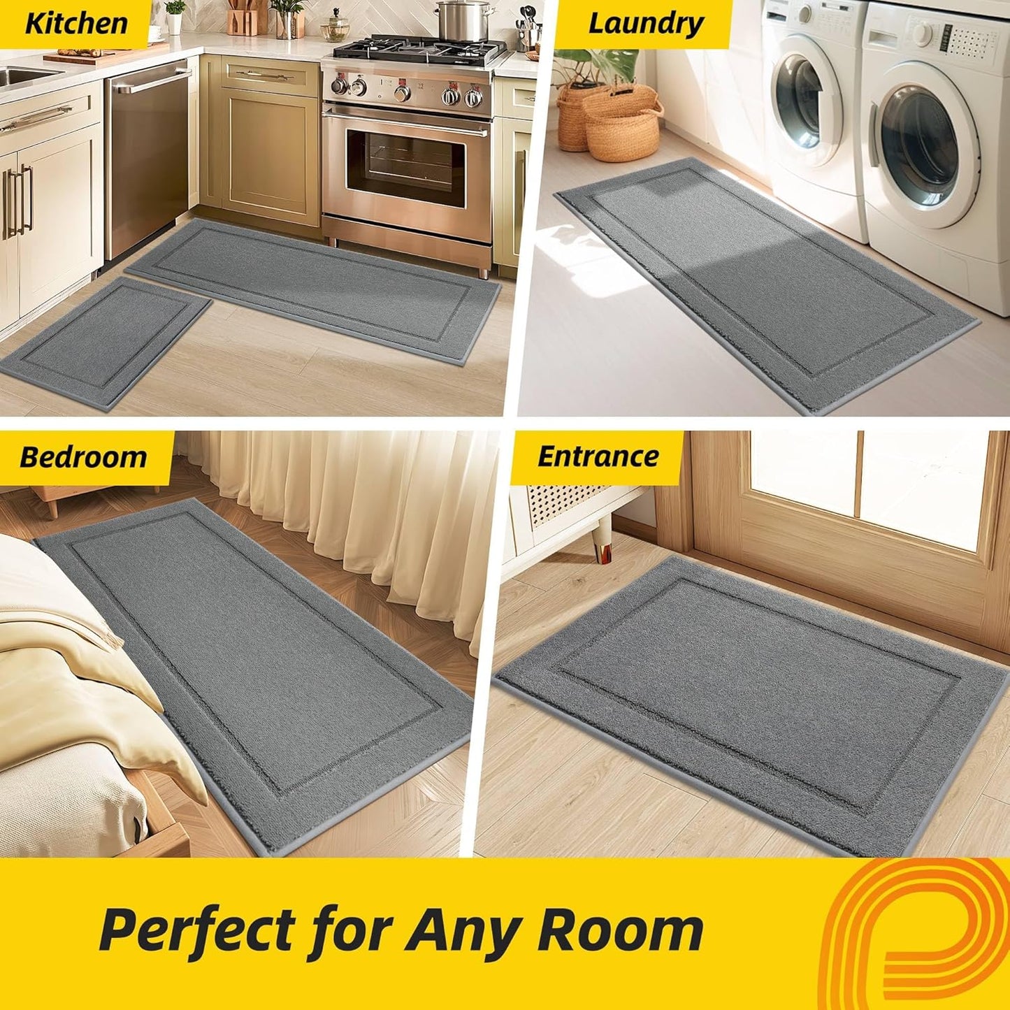 JSEI Non-Slip Kitchen Mats, Self Adhesive No Sliding Kitchen Rugs Set of 2, Washable Absorbent Floor Mat for Kitchen, Bathroom, Laundry Room, Bedroom, 24”x36”+24”x60”, Light Grey, Rectangular Pattern