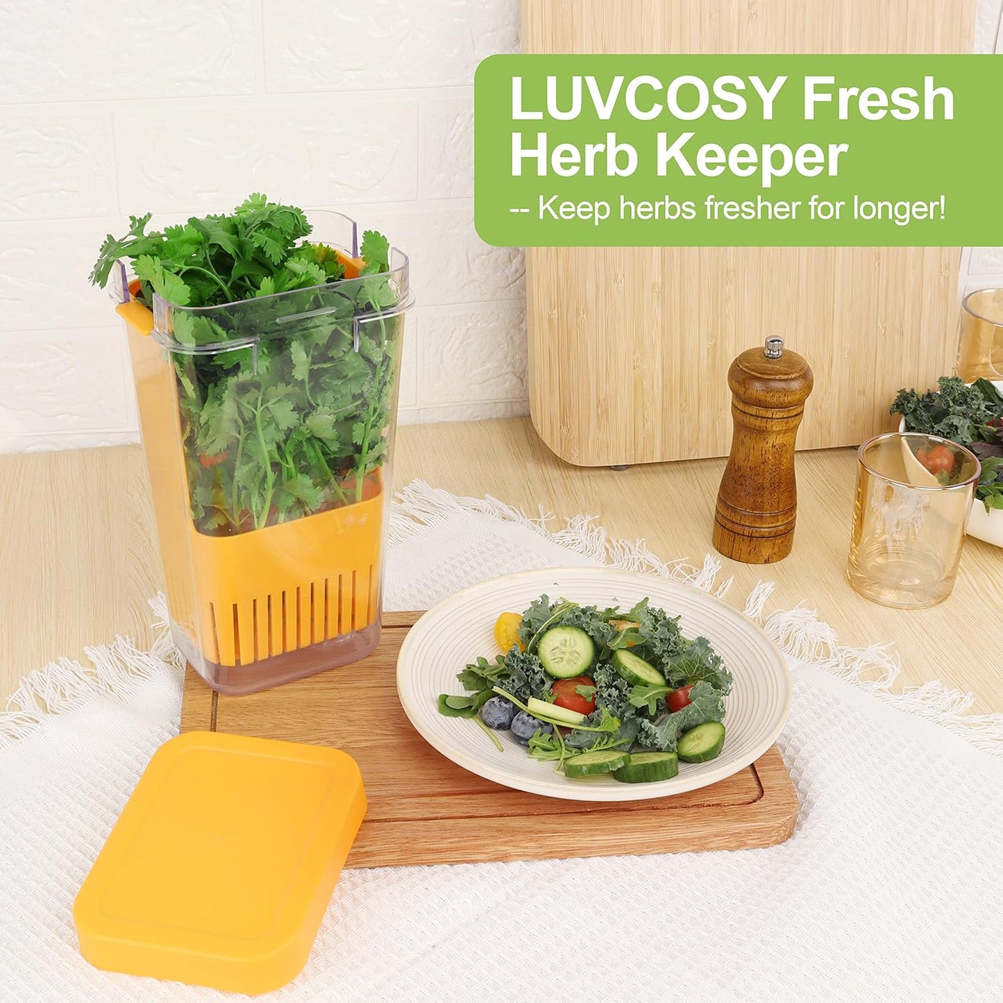 Herb Keeper Set: 2 Pack Herb Saver+1 Pack Herb Scissors+2 Pack Herb Stripper, Refrigerator Organizer, Herb Container for Cilantro, Mint & Asparagus, Keeps Fresh Herbs for 3 Times Longer Green&Orange