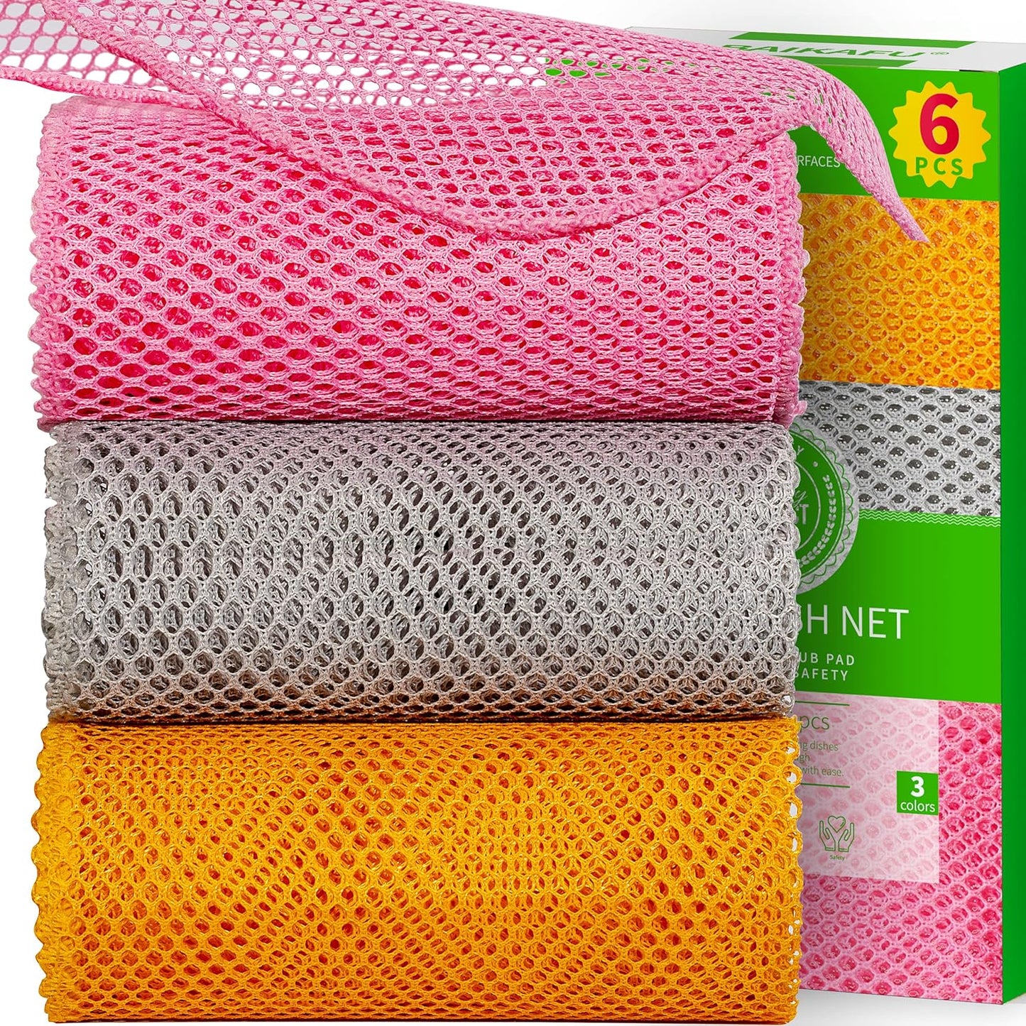 6Pcs Dish Wash Net,Innovative Mesh Cloth,Ultra Non-Scratch Dish Rags for Washing Dishes,100% No Odor/Quick Dry,Perfect Scrubber,Dish Sponges for Washing Dishes Yellow/Pink/Gray