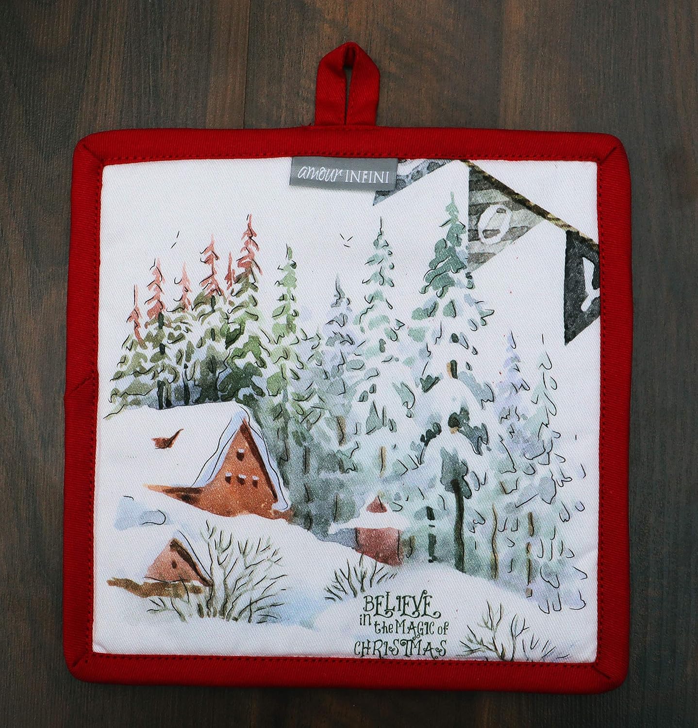 AMOUR INFINI Pot Holders Heat Resistant Cotton Set of 2 Nonslip 8"x8" Inch Hot Pads for Kitchen, BBQ, Baking & Cooking with Hanging Loops (Christmas Winter)