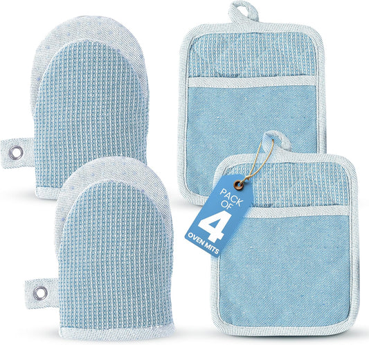 Casa Platino BBQ Gloves & Potholders Set, 4Pc Kitchen Mitts for Oven & Baking, Pot Holder for Hot Pots & Dishes – Heat Resistant Up to 500°F, Non-Slip & Machine Washable – Cornflower